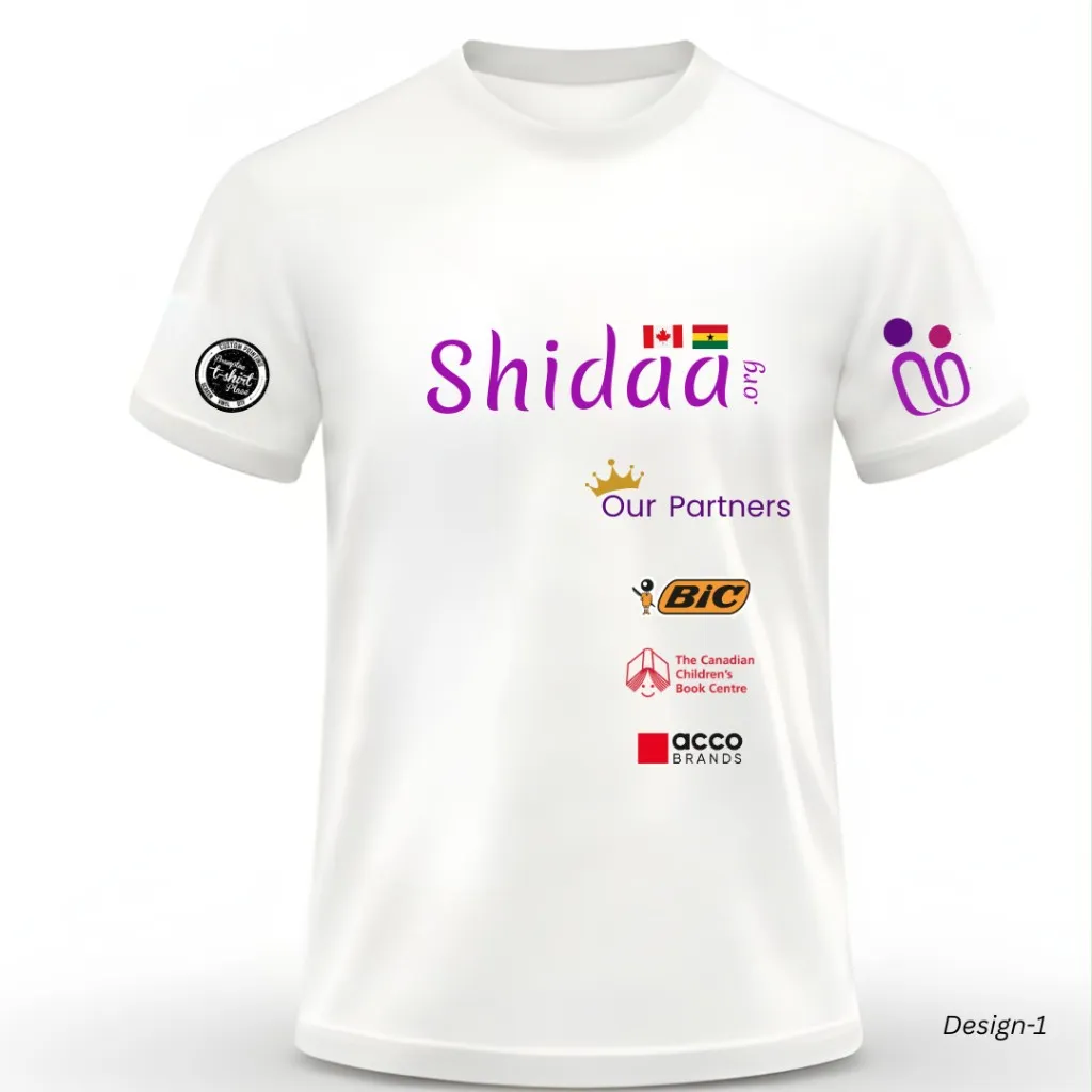 Operation Backpack 2026 t-shirt — Design 1 front with Shidaa.org logo, Canada and Ghana flags, and partner logos BIC, Canadian Children's Book Centre, and ACCO Brands